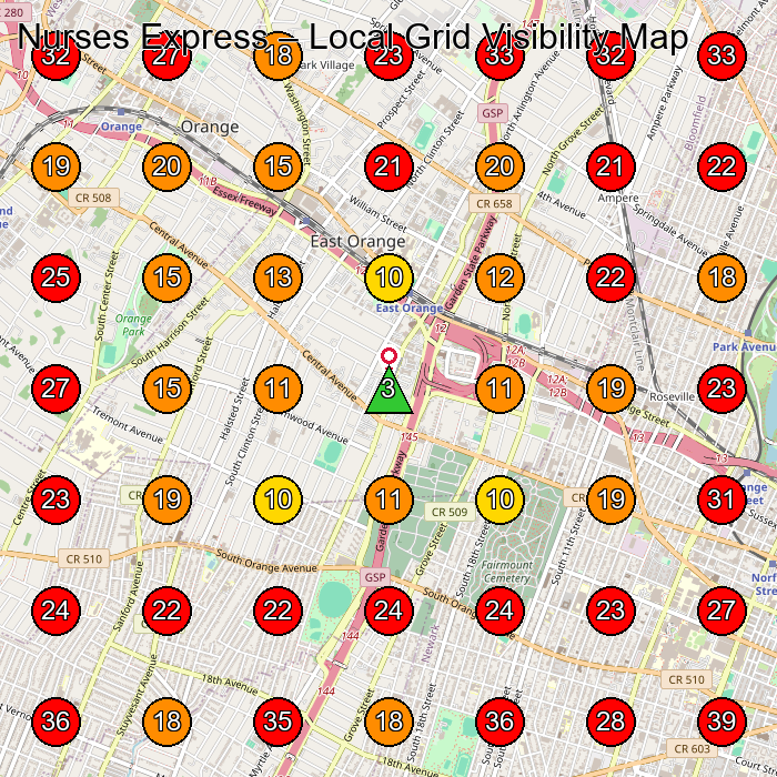 Nurses Express GeoGrid visibility map for Home Health Care Service in Bloomfield